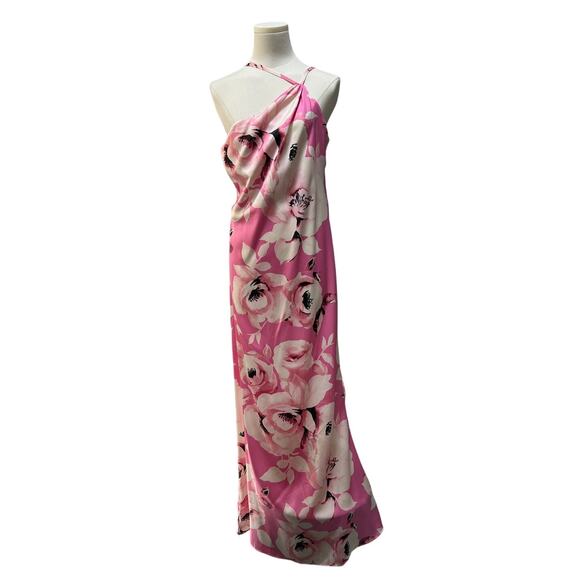 The Fashion Poet Womens Large One Shoulder Halter Floral Satin Maxi Dress Pink - Picture 2 of 13